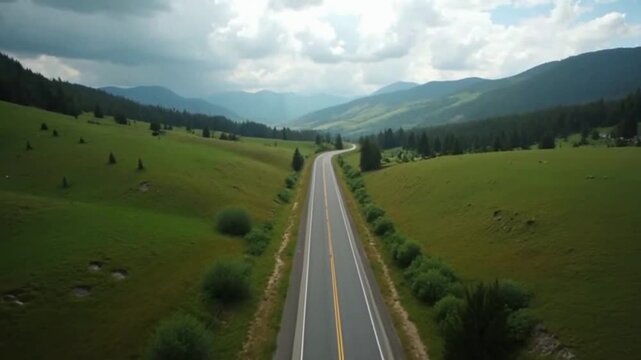 Drone descent into valley road with rotation and perspective shift