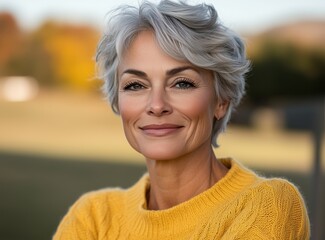 Confident Mature Woman in Yellow Sweater Outdoors