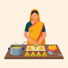 Woman Preparing Samosas Wearing Yellow Saree at Table