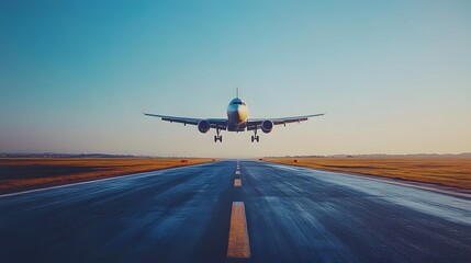 Commercial airplane taking off from runway during sunset with clear blue sky, high-resolution aviation image, transportation and travel concept
