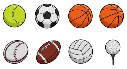 Obraz premium Colorful Icons of Popular Sports Equipment for Cartoons