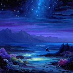 Mystical Night Ocean Landscape With Stars And Coral