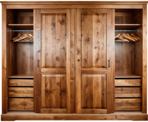 Luxurious solid oak wood sliding door wardrobe with hanging space and drawers isolated on transparent background