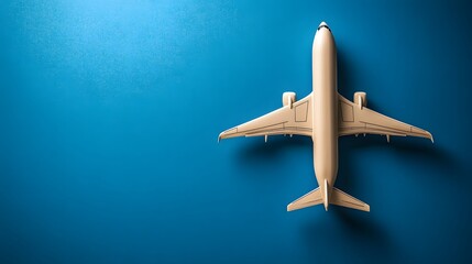 Top-Down View of a Model Commercial Airplane on a Bright Blue Surface with Shadow Effect