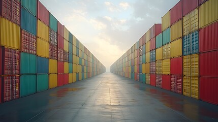 Fototapeta premium Stacked colorful shipping containers forming a tunnel with a bright sky and clouds in the background