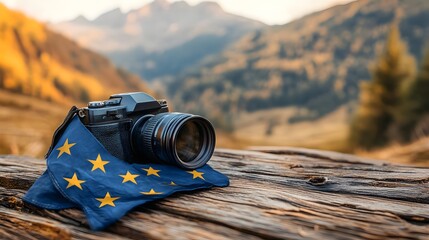 Digital camera with European Union flag cover placed on rustic wooden surface overlooking mountain landscape during golden hour