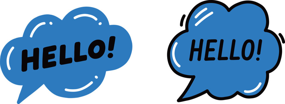 Friendly "HELLO!" speech bubbles in a vibrant blue color, ideal for greetings and welcome messages.