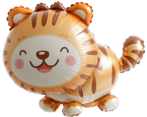Cute tiger balloon animal with smiling face, orange and brown stripes, isolated on transparency background, perfect for party decoration or children celebration