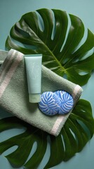 Summer skincare flat lay: light green gel moisturizer, blue cooling patches with monstera leaves for beauty brand TikTok marketing, ecommerce ad design