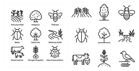 Fototapeta premium Eco agriculture and wildlife line icons set – nature, environment, farming symbols