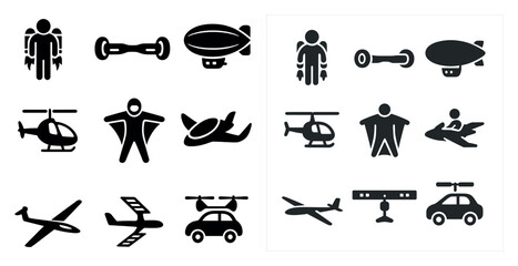 Obraz premium Transportation and vehicles silhouette icons set – solid, aircraft, travel symbols
