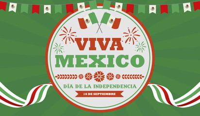 Festive Viva Mexico Independencia 2025 vector illustration banner with bunting decoration and Mexican flag elements. Translation : Long Live Mexico- Happy Independence Day 16th September