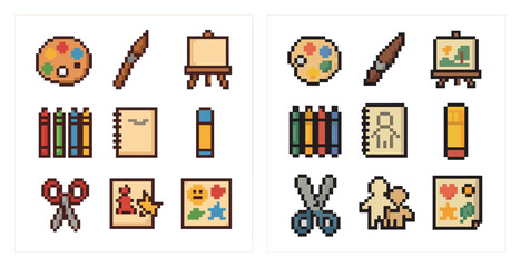 Art supplies pixel art icons set – creative tools, paint, school essentials collection