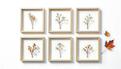 Six Grid Frames with Flowering Branches on White Wall, Collage of Dried Plant in White Picture Frame, Mockup Picture Displays, created with generative ai