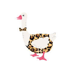 Goose in a leopard vest and bow tie on a white background.
