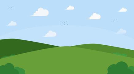 Landscape background, bright green grass field, blue sky with clouds behind, green tone color to match nature.