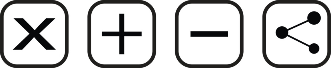 Basic function icons set featuring close, add, subtract, and share symbols in outline, filled, and color design – transparent background