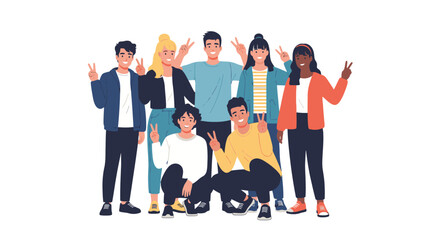 Diverse group of young adults showing the peace sign and smiling