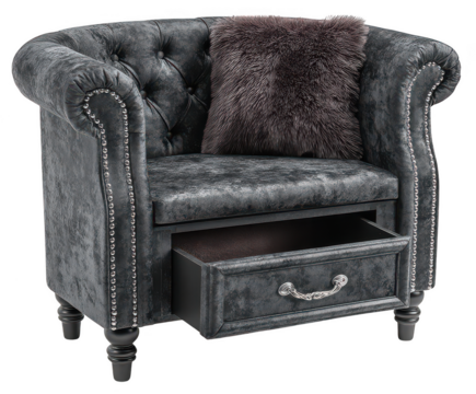 Elegant tufted armchair with drawer and plush pillow isolated on transparent background