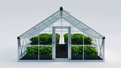 Fototapeta premium Greenhouse with rows of green plants cultivation agriculture