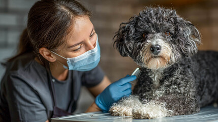 A woman, a veterinarian, is examining a black and white fluffy dog. The woman looks focused on the process, and the dog lies calmly on the table. This is a veterinary clinic or a grooming salon.