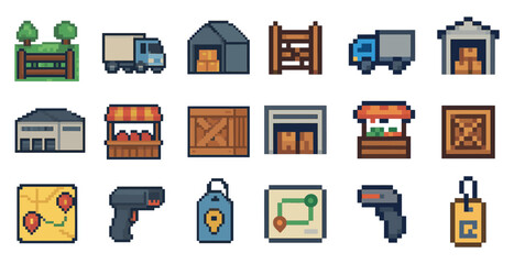 Logistics and delivery pixel art icons set – supply chain, transport symbols