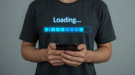 Hands hold a smartphone, with a glowing blue digital loading bar and "Loading..." text displayed above it, symbolizing data processing or download in progress