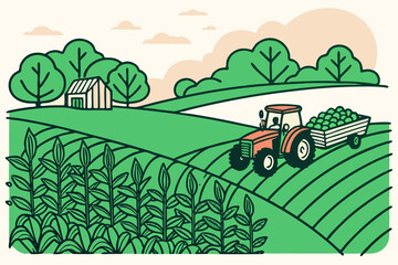 Lush farm scene with harvesting in progress, including crops, tractor, and peaceful field views, modern flat illustration style.