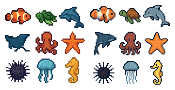Marine life pixel art icons set – ocean creatures, aquatic, sea life symbols