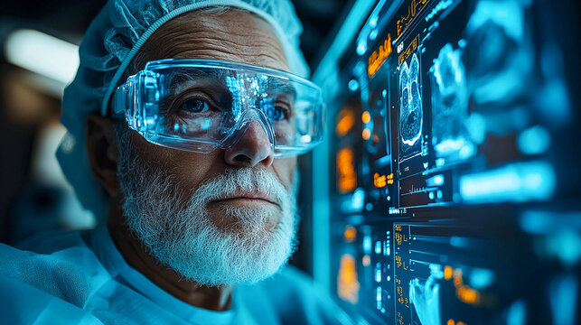 An elderly man, a doctor, is looking at a monitor with medical data or images. The screen shows various graphs and scans related to medical diagnostics or examinations. - Powered by Adobe