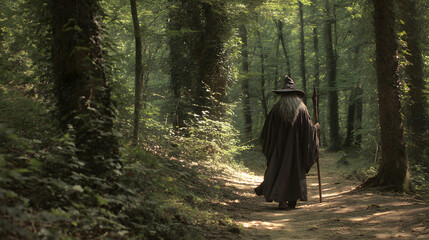 Fototapeta premium Wizard walking in enchanted forest Bearded wizard medieval robe, bearded wizard forest magic Fantasy traveler in green forest Mysterious mage walking trail Old wizard on forest journey mysterious 