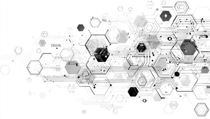 Abstract graphic design,  hexagons, and interconnected lines, creating a complex, layered effect