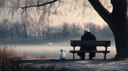 An elderly man sits on a bench in a park next to a dog