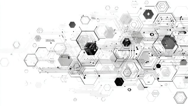 Abstract graphic design,  hexagons, and interconnected lines, creating a complex, layered effect