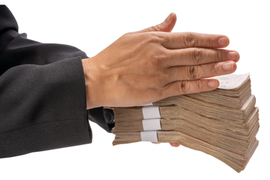 Hand holding a stack of Thai baht banknotes isolated on white with clipping path , concept of payment, corruption, or financial transaction
