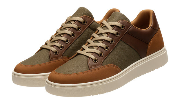 Lace-up sneakers with mixed-material upper in earthy tones and contrasting white sole - Powered by Adobe