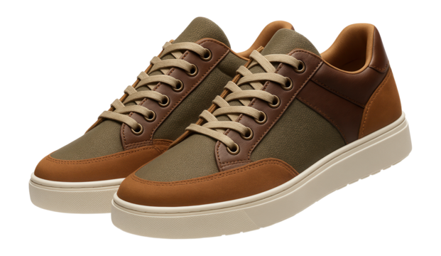 Lace-up sneakers with mixed-material upper in earthy tones and contrasting white sole