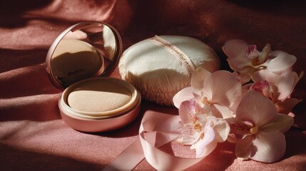 Luxury skincare still life: rosy gold air cushion foundation, satin-ribbon powder puff with orchid petals on velvet for premium beauty editorial