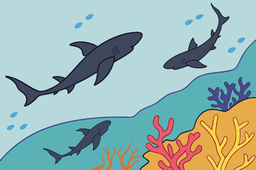 Obraz premium Nurse sharks circle in hunger near a reef, creating tension beneath the calm sea surface, modern flat illustration style
