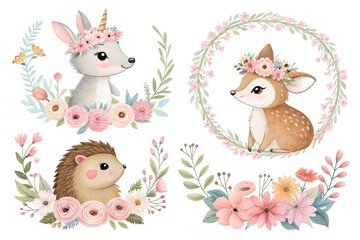 Obraz premium Cute watercolor animals with floral wreaths image