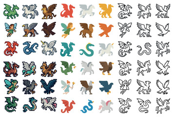 Fototapeta premium Fantasy creature icons set – pixel art, mythical, magical creature designs