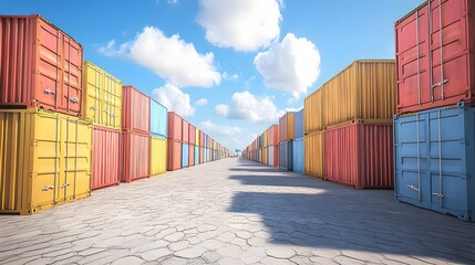 Fototapeta premium Colorful shipping containers stacked along a paved dock under a bright blue sky with fluffy clouds