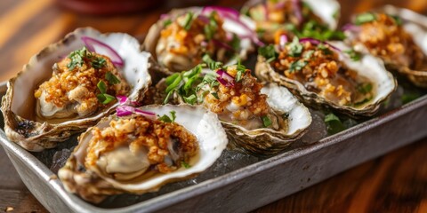 french oysters with sauce on ice in a restaurant