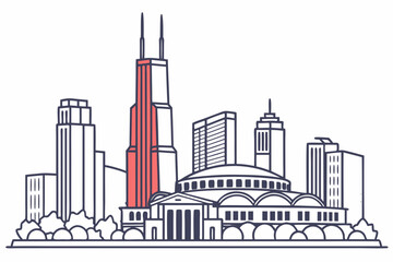 Fototapeta premium Outlined Chicago cityscape with typographic design, showcasing iconic architecture and layout, perfect for posters, modern flat illustration style.
