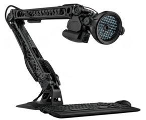 Futuristic black mechanical desk lamp with integrated keyboard and mouse isolated on transparent background