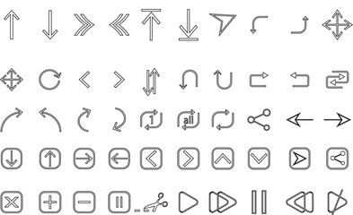 Arrow and Media Control Icon Set in Thin Line Style – Navigation, Loop, Refresh, Math, Share, UI Buttons, Minimal Outline Symbols – Transparent Background