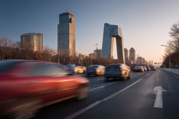 bustling urban highway in china during golden hour brilliantly illuminated by soft warm glow of setting sun