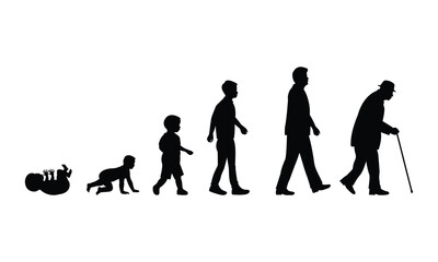 A clean, black silhouette illustration showing the stages of human life in a row: infant crawling, child walking, teenager standing, adult walking, middle-aged person, and elderly person with a cane.