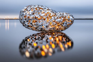 Abstract sculpture, wire mesh, lights, water reflection