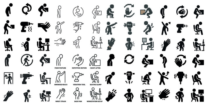 Ergonomic awareness icons set - silhouette, pixel art, workplace health symbols